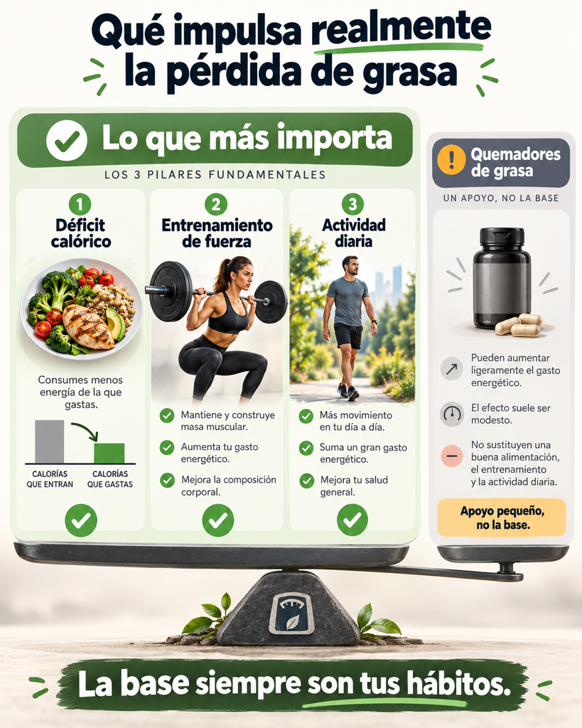 déficit calórico entrenamiento de fuerza y actividad diaria frente a suplementos quemadores de grasa
