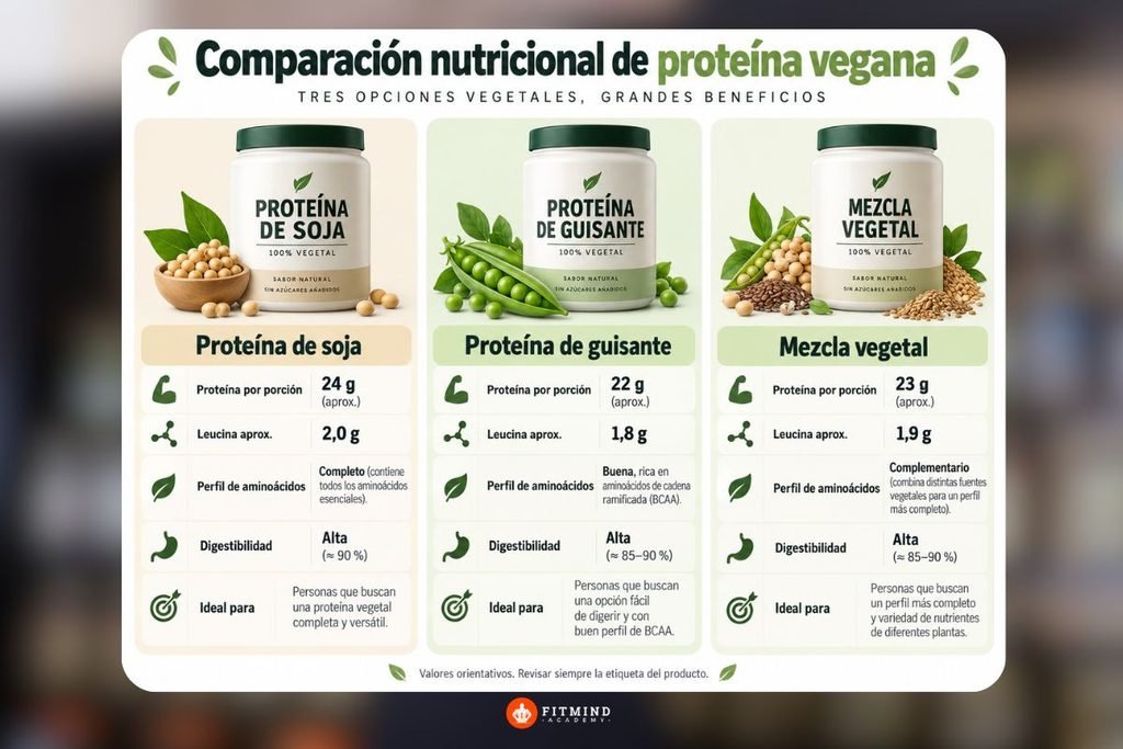 etiqueta nutricional de una proteína vegana comparando soja guisante y mezcla vegetal