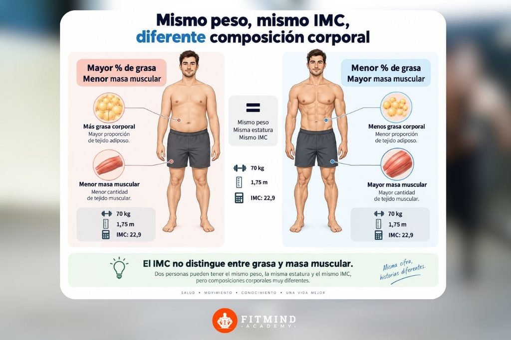 diferencia entre IMC y composición corporal en dos personas con el mismo peso