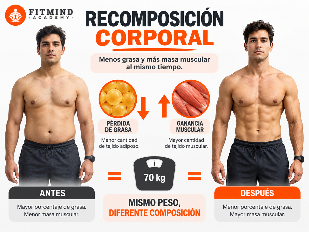 recomposición corporal mostrando pérdida de grasa y aumento de masa muscular