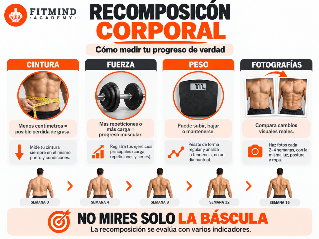 evolución de recomposición corporal con cintura fuerza peso y fotografías