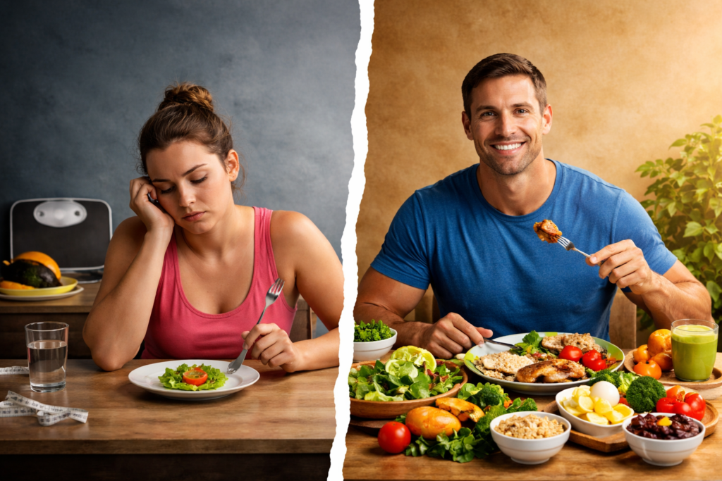 persona intentando bajar de peso comiendo poco vs persona con dieta equilibrada progresando