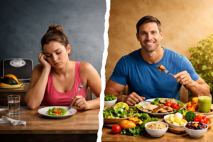 persona intentando bajar de peso comiendo poco vs persona con dieta equilibrada progresando