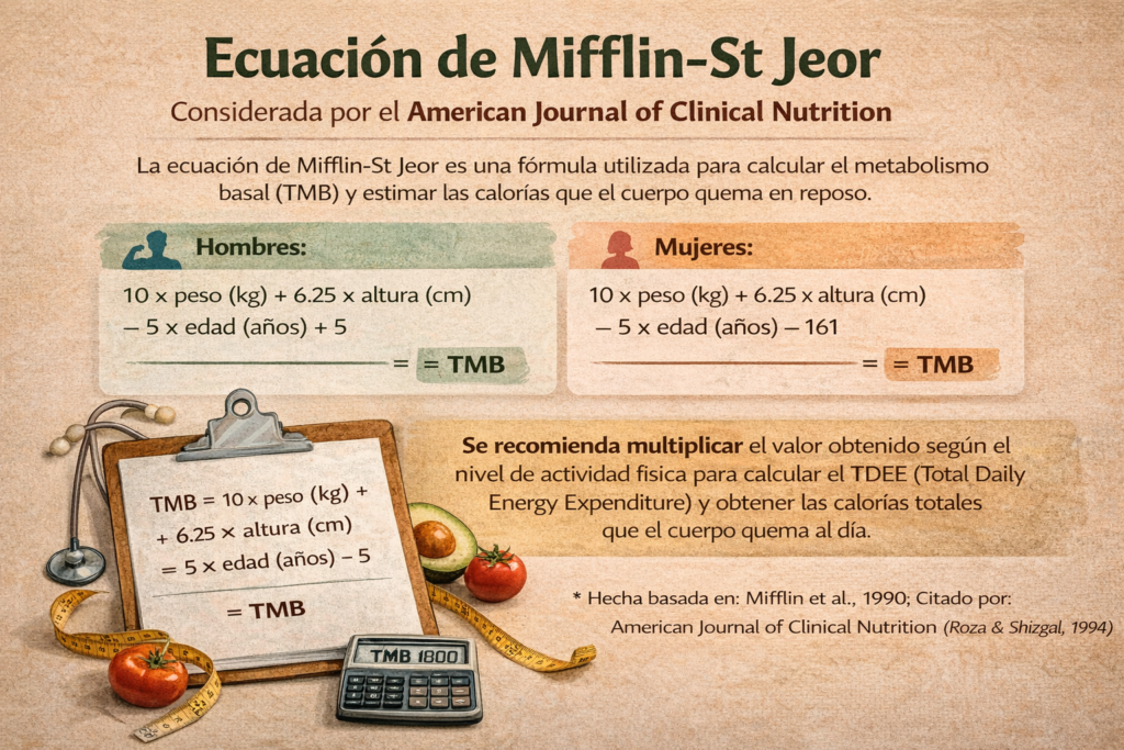 Infografía de la ecuación de Mifflin-St Jeor para calcular el metabolismo basal y las calorías diarias