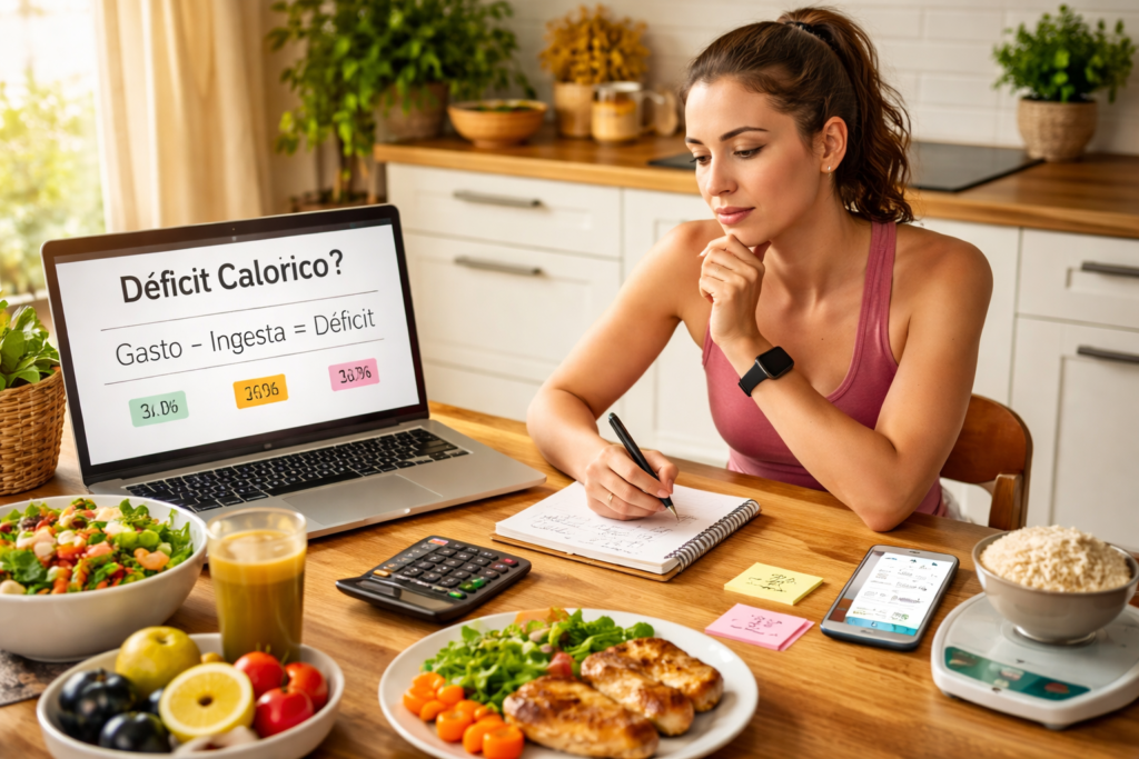 Mujer calculando su déficit calórico con alimentos saludables, libreta y calculadora en casa