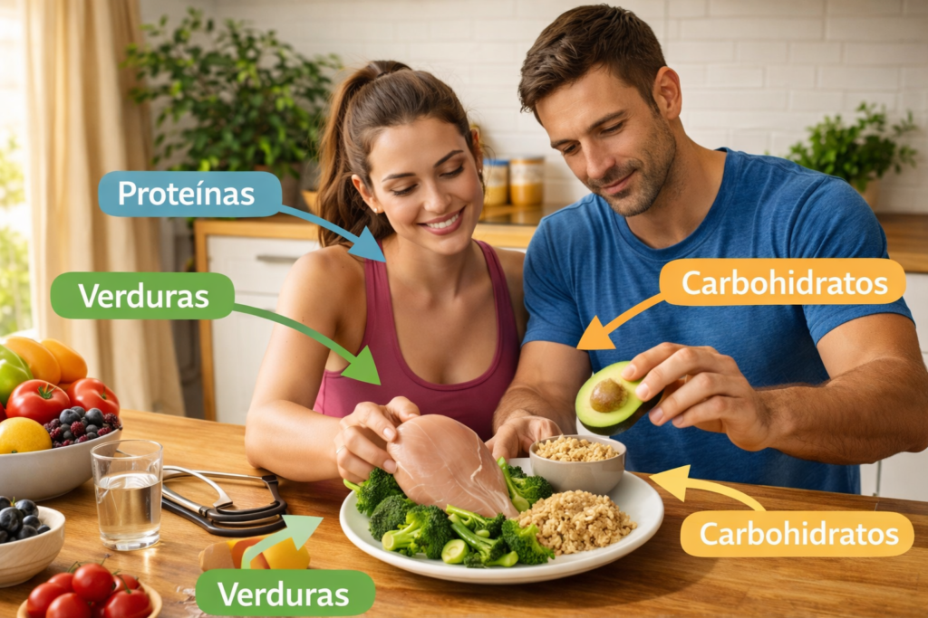 Pareja seleccionando macronutrientes para un plato equilibrado con proteínas, carbohidratos y verduras