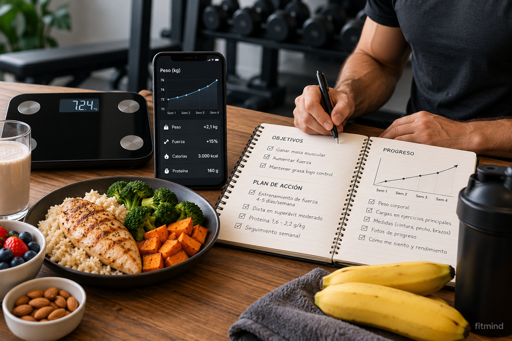 seguimiento de peso fuerza y alimentación durante una dieta para ganar masa muscular