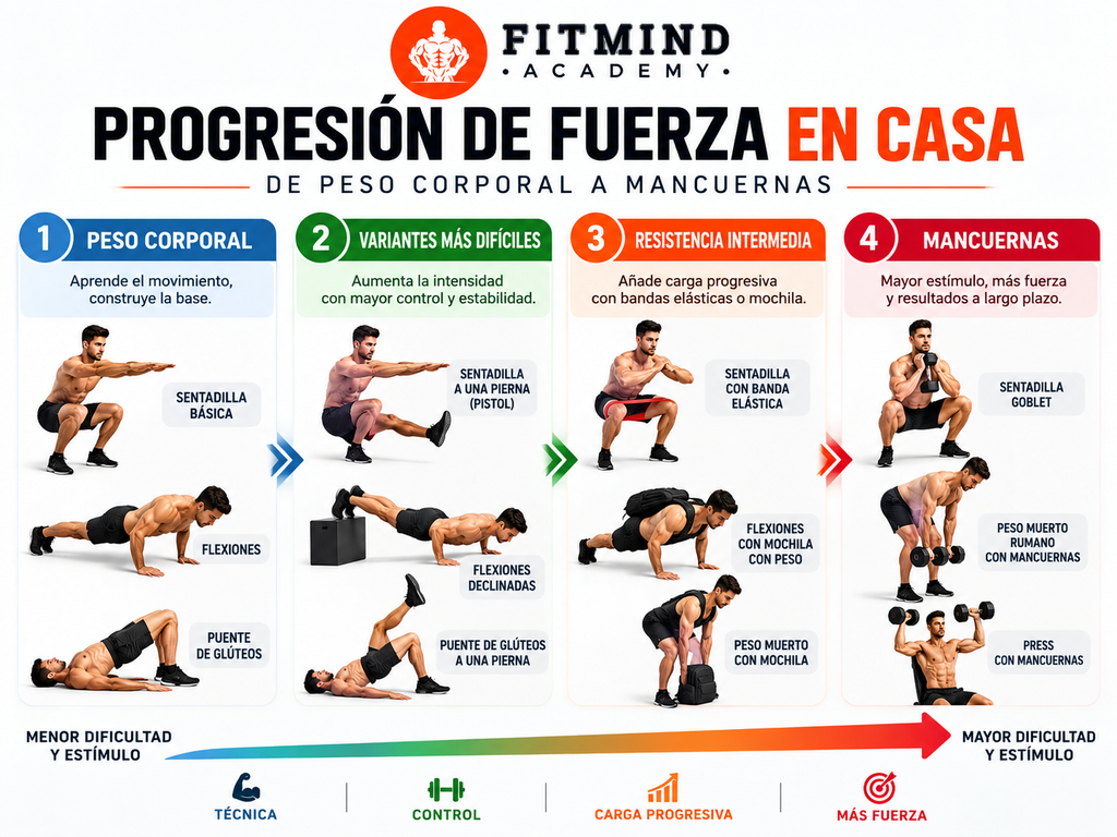 progresión de ejercicios de fuerza en casa desde peso corporal hasta mancuernas